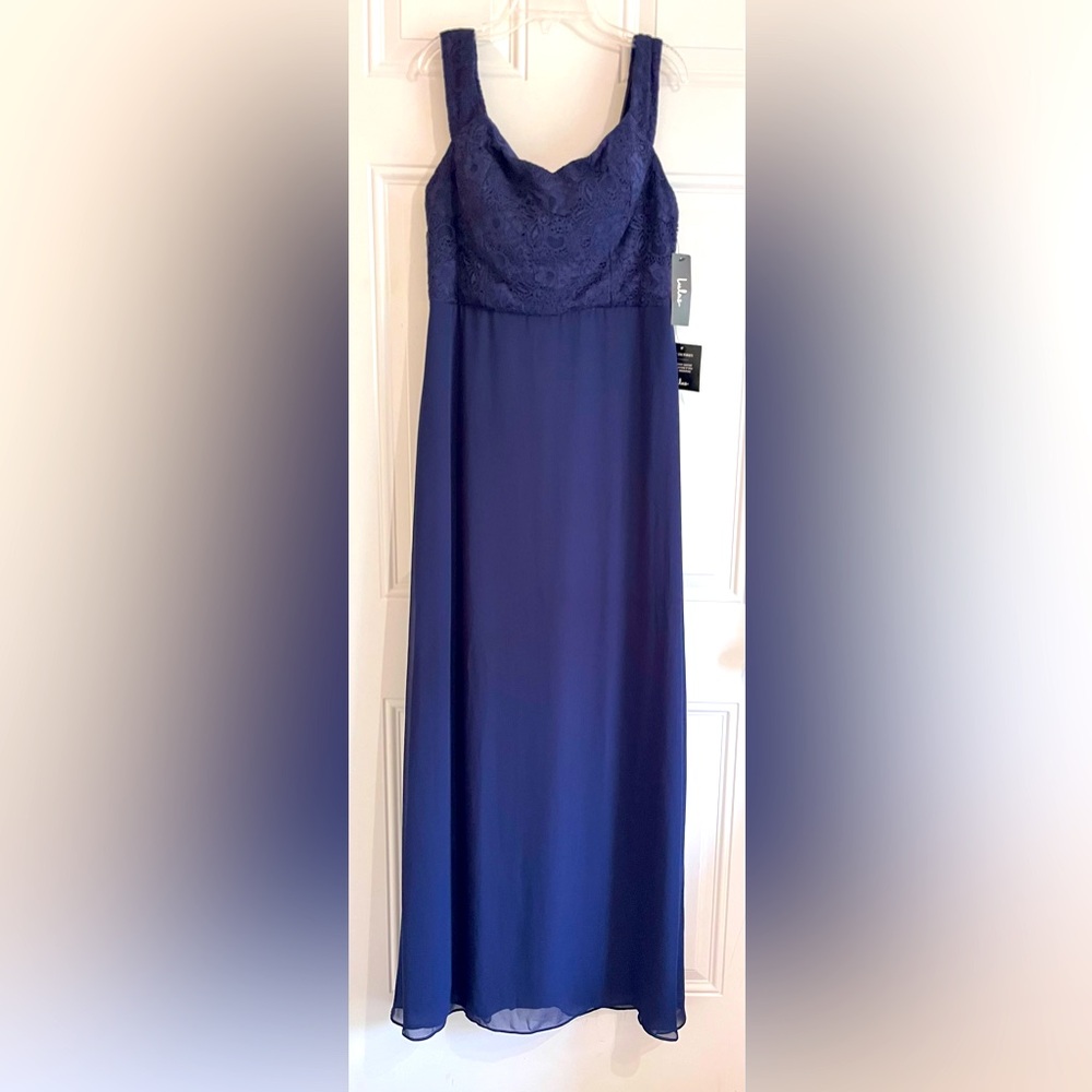 NWT Lulus Dress Women XL Off the Shoulder Maxi Gown Lace Detail Navy Blue Formal